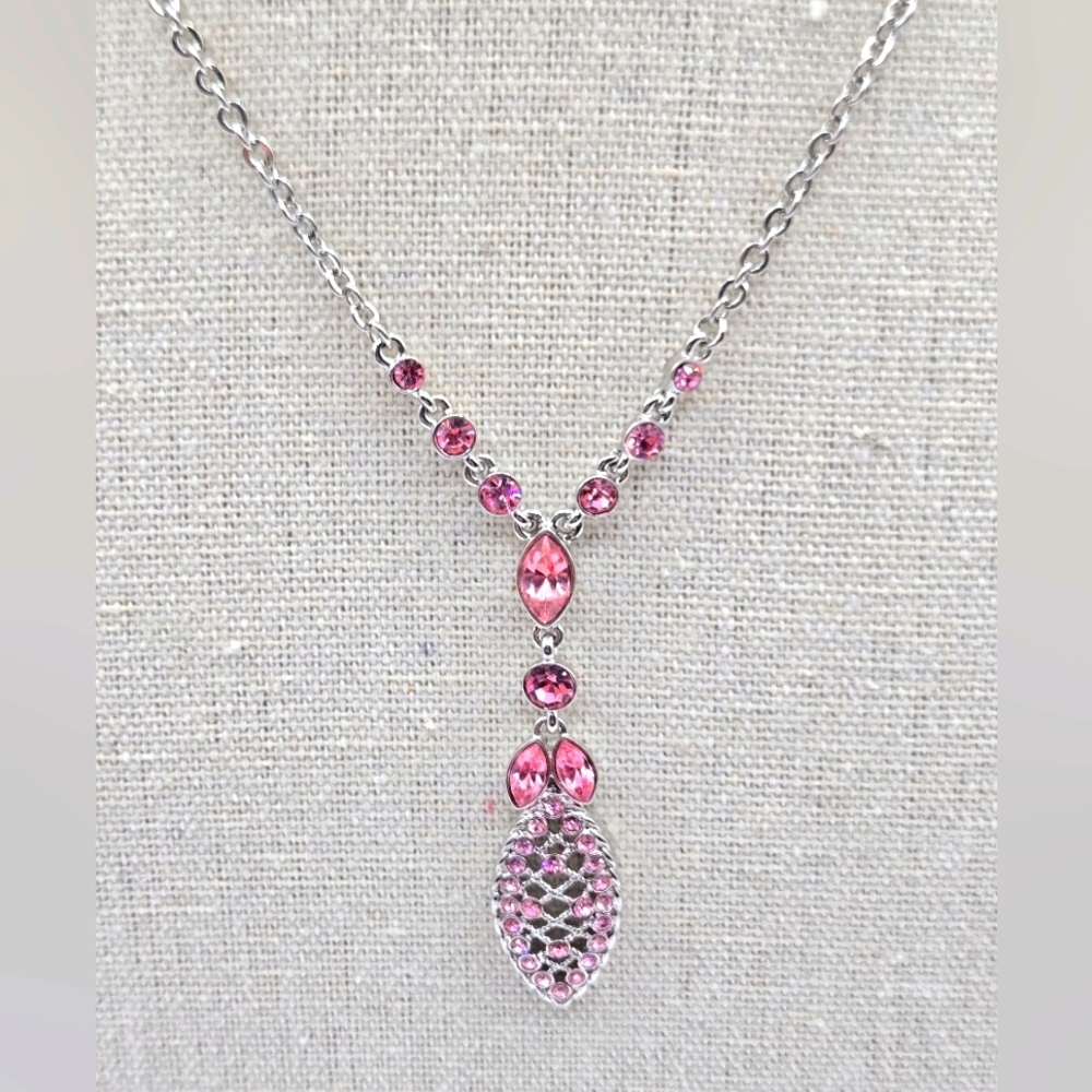GIVENCHY Vintage Silver Tone Necklace Pink Crystal Pendant